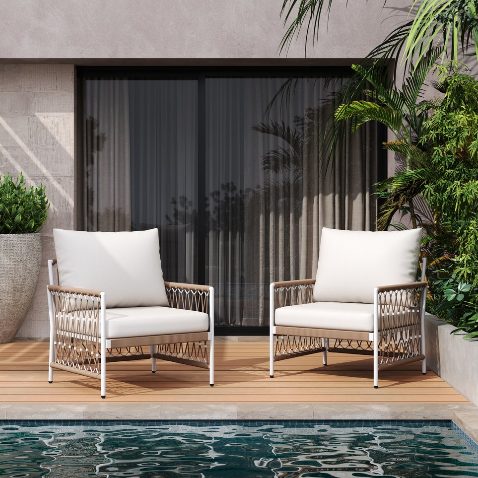 English Elm Christopher Knight Home® - [Set Of 2] Bohemian Outdoor Lounge Chairs - Handwoven Rope, Waterproof Cushions, And Steel Frame N767P306732B