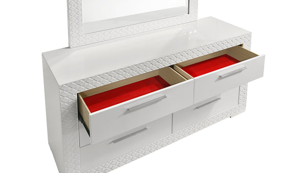 English Elm Blanca Modern 6-Drawer Dresser In White Lacquer With Quilted Detailing And Plush Red Interiors B009P243269