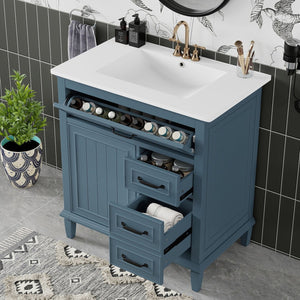 English Elm 30 Inch Freestanding Bathroom Vanity Solid Pine Cabinet Ceramic Sink Top Storage Blue Gray N725P412782C