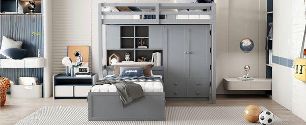 English Elm Twin Bunk Bed with Wardrobe Drawers Hydraulic Lift Shelves Kids Storage Gray LT000666AAE-1