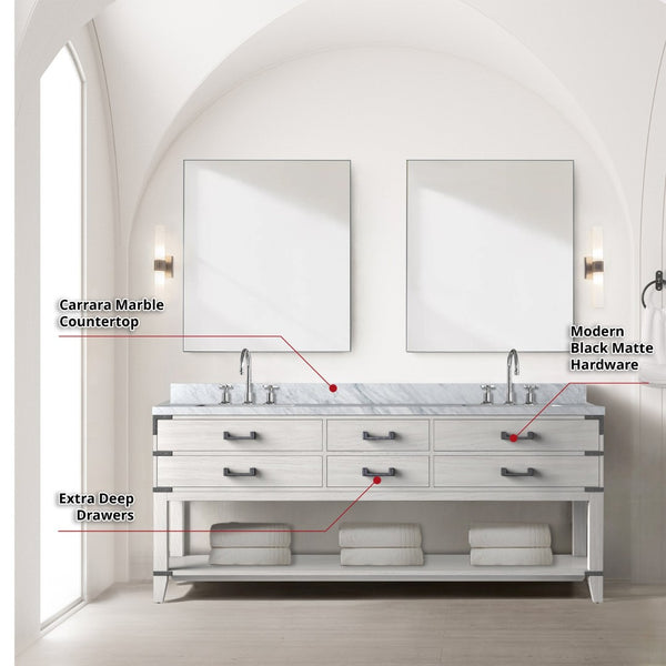 English Elm White Oak Double Bath Vanity Set With Carrara Marble Top, Chrome Faucets, And Matching Mirrors B2731S01908-GIGA