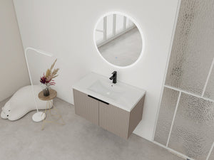 English Elm 36" Floating Bathroom Vanity with Resin Sink, Wavy Doors, Dual Soft-Close Cabinets, Plywood Durable Finish W999P293173