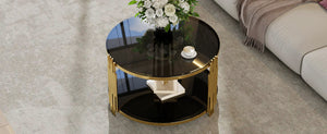 English Elm Modern Round Coffee Table Black Tempered Glass Top Gold Drum Base Living Room Glam N735P177478B