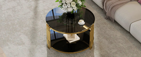English Elm Modern Round Coffee Table Black Tempered Glass Top Gold Drum Base Living Room Glam N735P177478B