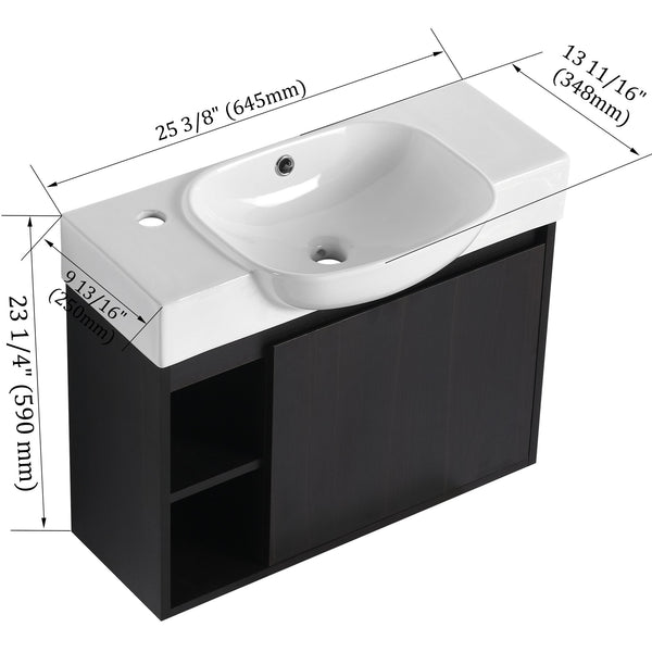 English Elm 26'' Wall-Mounted Bathroom Vanity with Glossy White Ceramic Sink, Soft-Close Door & Waterproof Finish Dark Oak W999P310759