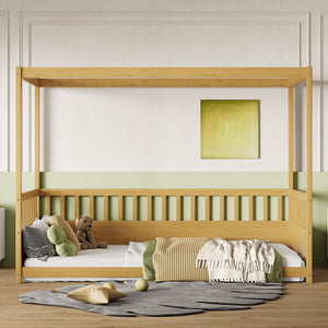 English Elm Twin Pine Canopy Bed Frame with Guardrails for Kids – Montessori Floor Bed with Four Poster Design and Cozy Decor Options Natural Wood W1858P252839