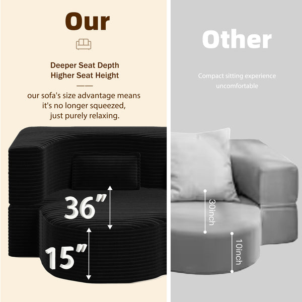 English Elm Modern Full Size Folding Sofa Bed with Plush Corduroy, 2 Pillows, 15" Foam Mattress, No Assembly Required Black W1885P347089