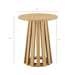 English Elm Layla Round End Table with Slatted Conical Base, Wood Grain Finish, Compact Surface for Decor Light Oak B365P398079