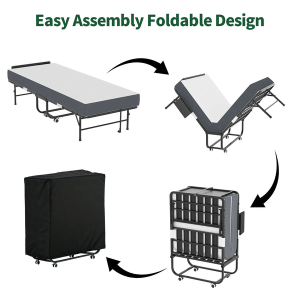 English Elm 75 Inch Rollaway Twin Bed with Memory Foam Mattress Heavy Duty Steel Frame Foldable W2735P425464