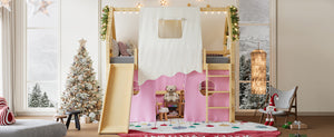 English Elm Twin Pine Loft Bed with House Frame Tent Led Lights Slide and Floor Space Below W1580S00289