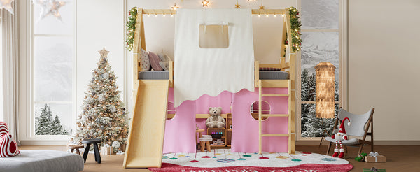 English Elm Twin Pine Loft Bed with House Frame Tent Led Lights Slide and Floor Space Below W1580S00289