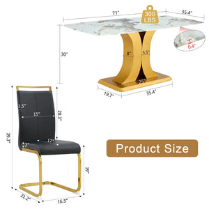 English Elm Table Set - Luxurious Pandora Patterned Dining Table With 8 Black Pu Chairs & Golden C-Shaped Legs W1151S03234-GIGA