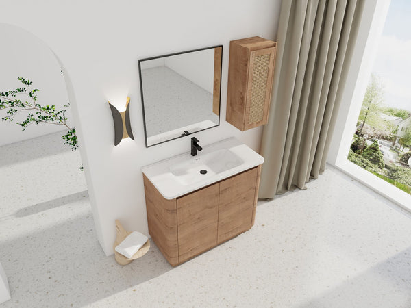 English Elm 40'' Freestanding Bathroom Vanity With Ceramic Sink, Soft-Close Doors & Side Cabinet For Stylish Storage W999S00404