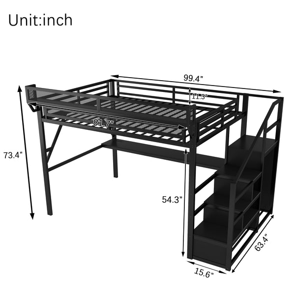 English Elm Queen Metal Loft Bed with Desk Charging Station Rgb Lighting and Storage Stairs W2580S00091