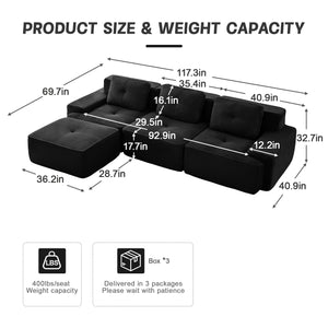 English Elm 117" L-Shaped Modular Sectional Sofa In Black - Soft Corduroy, Deep Seats, Movable Ottoman, No Assembly! W714S01477