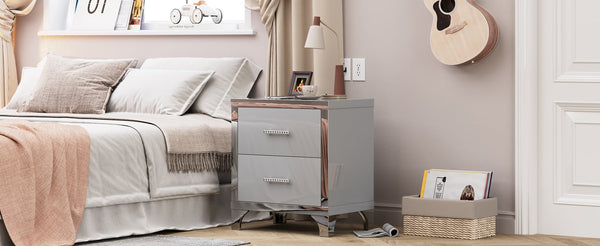 English Elm High Gloss Mirrored 2 Drawer Nightstand Slim Metal Legs Modern Bedroom Side Table Grey W5271P416536