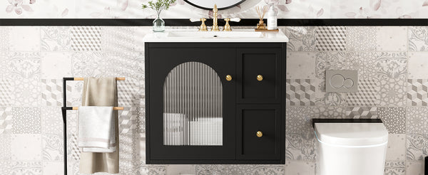 English Elm 24" Modern Wall-Mount Bathroom Vanity with Ceramic Sink, Glass Door Cabinet, 2 Drawers, Soft-Close Black N710P286704B