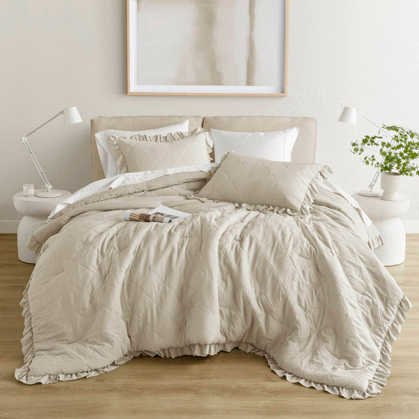 English Elm 3-piece Diamond Quilted King Comforter Set with Ruffled Edges and Prewashed Softness B035P463225