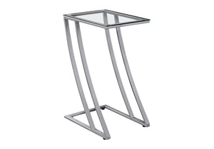 English Elm Accent C-Shaped End Table with Z-Base, Tempered Glass Top, Sturdy Metal Frame, Modern Versatility for Living Spaces Silver 29 L x 15 W x 5 H B2710P219185