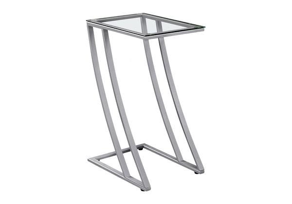 English Elm Accent C-Shaped End Table with Z-Base, Tempered Glass Top, Sturdy Metal Frame, Modern Versatility for Living Spaces Silver 29 L x 15 W x 5 H B2710P219185