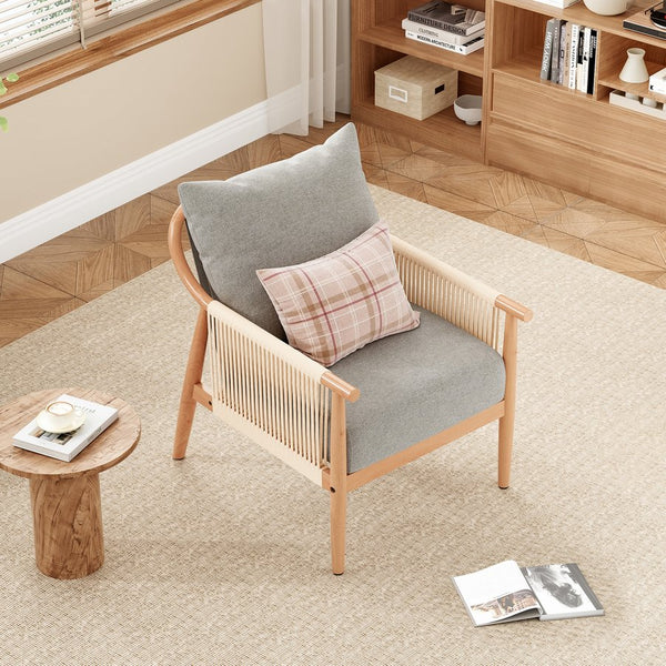 English Elm Braid Armchair Mid Century Modern Linen Wood Accent Chair with Ergonomic Support and Plush Cushioning Grey T3623P409105