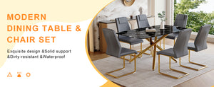 English Elm Table and Chair Set Marble Glass Top with Sculptural Gold Legs Six Seat Glam Dining Black+Gold,Dark Gray W1151S03297