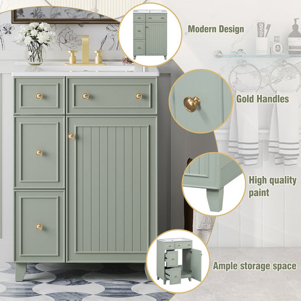 English Elm 24-Inch Bathroom Vanity Cabinet with Ceramic Sink, Space-Saving Storage, Solid Wood Feet, Durable Finish Green WF532034AAF