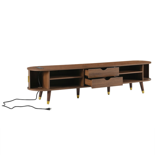 English Elm Wooden Fluted Tambour Media Console Mid Century Modern Tv Stand with Built in Charging Walnut N721P428444D