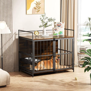 English Elm Dog Crate Furniture Piece with Steel Frame Side Table for Large Breeds Indoor Use T3210P294077