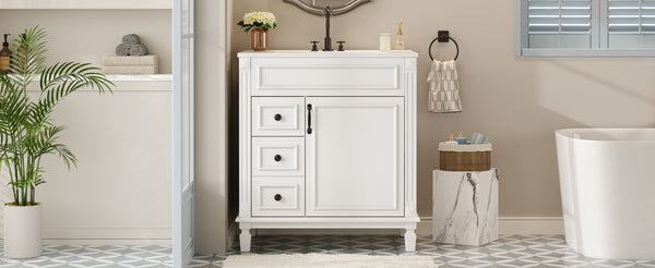 English Elm 30" French-Inspired Bathroom Vanity With Ceramic Sink & Dual Drawers - Elegant Storage Solution! N710P323328K