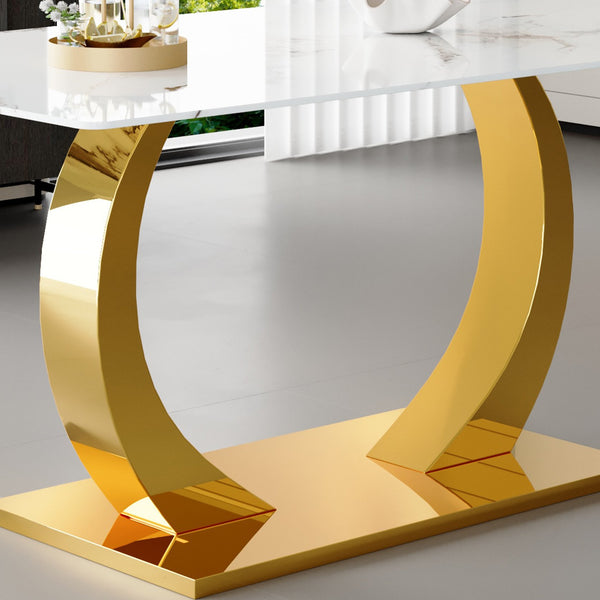 English Elm Marble-Patterned Foldable Dining Table Set With 6 Ergonomic Armchairs – Modern Gold Accents & Style W2920S00088