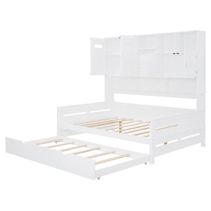 English Elm Full Size Wooden Daybed With Twin Trundle, Integrated Storage Cabinet & Stylish White Finish N820S00027K