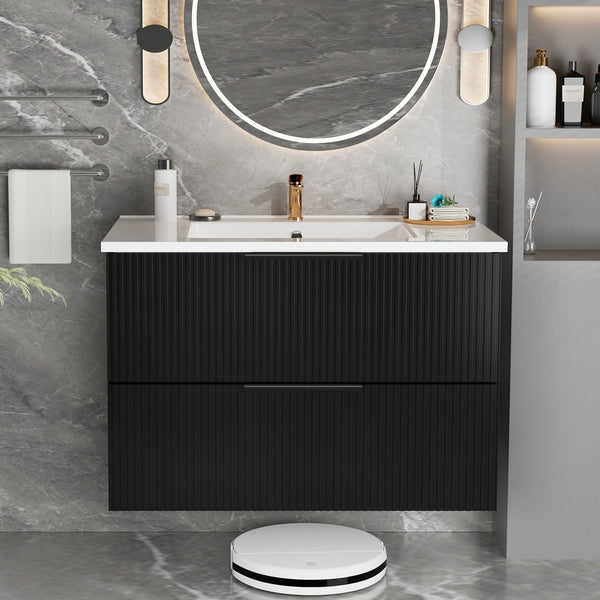 English Elm 36 Floating Bathroom Vanity with Ceramic Sink, Wall-Mounted 36" Modern Fluted Cabinet with Quiet Drawers Matte Black 38.18 L x 22.83 W x 7.48 H W3520S00003