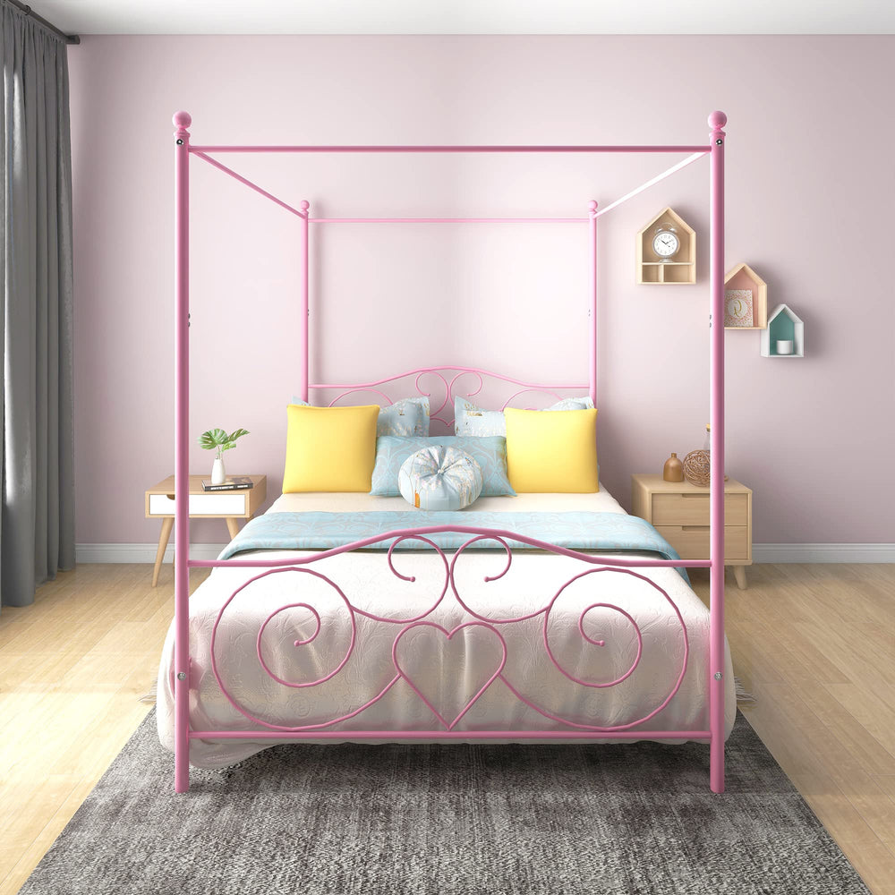 English Elm Metal Canopy Queen Bed Ornate Steel Frame Vintage Romantic Bedroom Statement Piece W840P465779