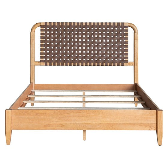 English Elm Woven Faux Leather Queen Bed with Caramel Maple Wood Frame, PU Upholstery, 6" Clearance & Sturdy Design B035S00058