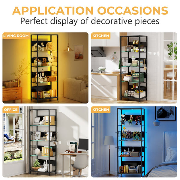 English Elm 4-tier Tempered Glass Steel Frame Display Shelf with Rgb Led Lighting for Collectibles W3190P371784