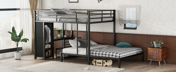 English Elm Queen Over Queen Bunk Bed Frame With Desk, Storage Chairs & Wardrobe – Space-Saving Black Design W1580S00110-GIGA