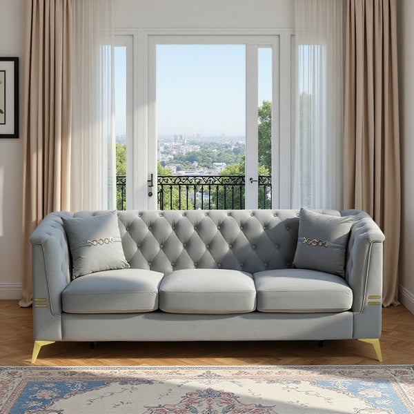 English Elm Fx-P83-Lgy3 Modern Tufted Velvet Sofa – Elegant 3-Seater Couch With Gold Legs & Plush Comfort For Homes W576S00218