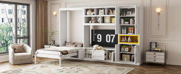 English Elm Twin Murphy Wall Bed with Integrated Tv Stand Open Shelving and Cabinet Storage LP000768AAK