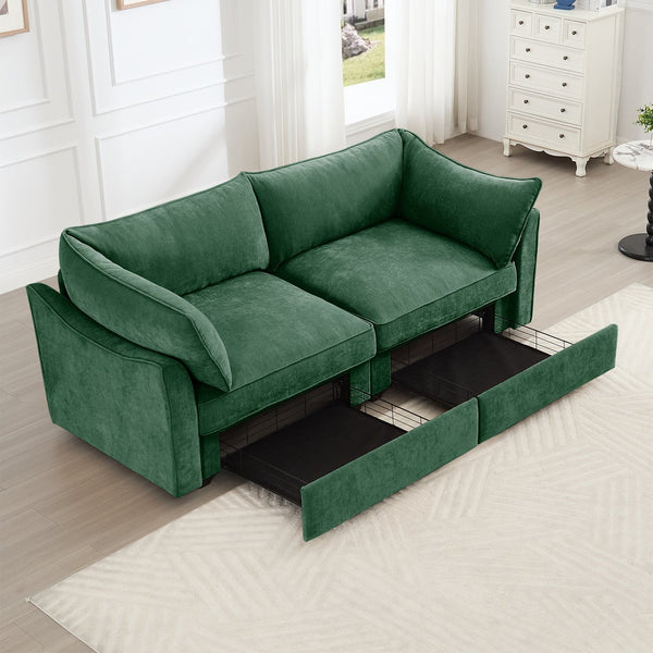 English Elm 2 Seater Sofa With Chic Crescent Armrests, Storage Drawers & Soft Chenille Fabric For Small Spaces W3041S00182