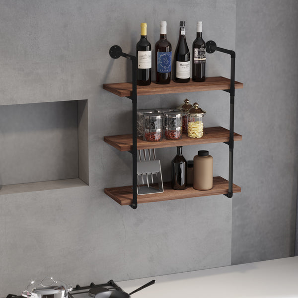English Elm HOMCOM Industrial 3-Tier Pipe Wall Shelf – Rustic Brown Floating Bookshelf, Metal Frame Display Rack W2225P229632