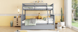 English Elm Twin Over Full Bunk Bed With Trundle, Detachable Ladder, Rustic Grey Wood, Space-Saving Design W504S00186-GIGA