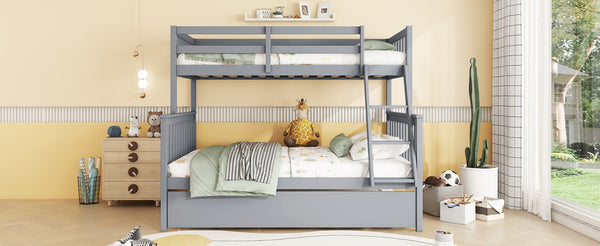 English Elm Twin Over Full Bunk Bed With Trundle, Detachable Ladder, Rustic Grey Wood, Space-Saving Design W504S00186-GIGA