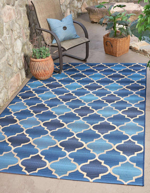Unique Loom Outdoor Trellis Eden Trellis Machine Made Plaid Rug Blue, Beige/Navy Blue 5' 3" x 8' 0"