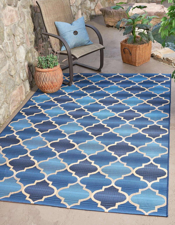 Unique Loom Outdoor Trellis Eden Trellis Machine Made Plaid Rug Blue, Beige/Navy Blue 5' 3" x 8' 0"