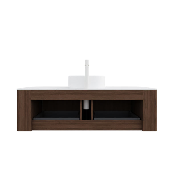 English Elm Dina 48" Wall-Mounted Bathroom Vanity With Curved Edges, White Round Sink & Dark Walnut Storage Cabinet W2615S00126