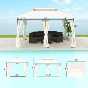 English Elm Outdoor Large Patio Gazebo Steel Frame Double Tier Canopy with Curtains for Backyard Cream White T3971P426861