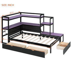 English Elm Twin Gaming Daybed with Led Strips Desk Pegboard Bookcase and Three Storage Drawers Purple+Black N820S00083I
