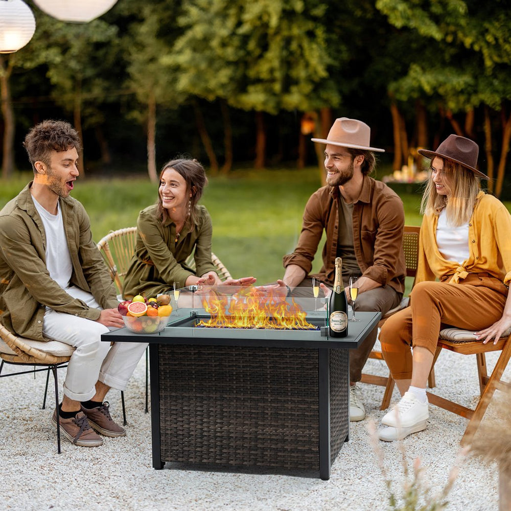 English Elm Outdoor Fire Pit 50,000 BTU Propane Gas Fire Table with Wicker Base, Glass Wind Guard, Lid, Patio Warmer Black+Brown W213P266078