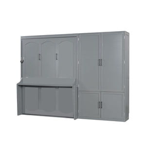 English Elm Queen Murphy Bed with Wardrobe Cabinet Hydraulic Lift Mdf Space Saving Wall Unit Gray LP000581AAE-1